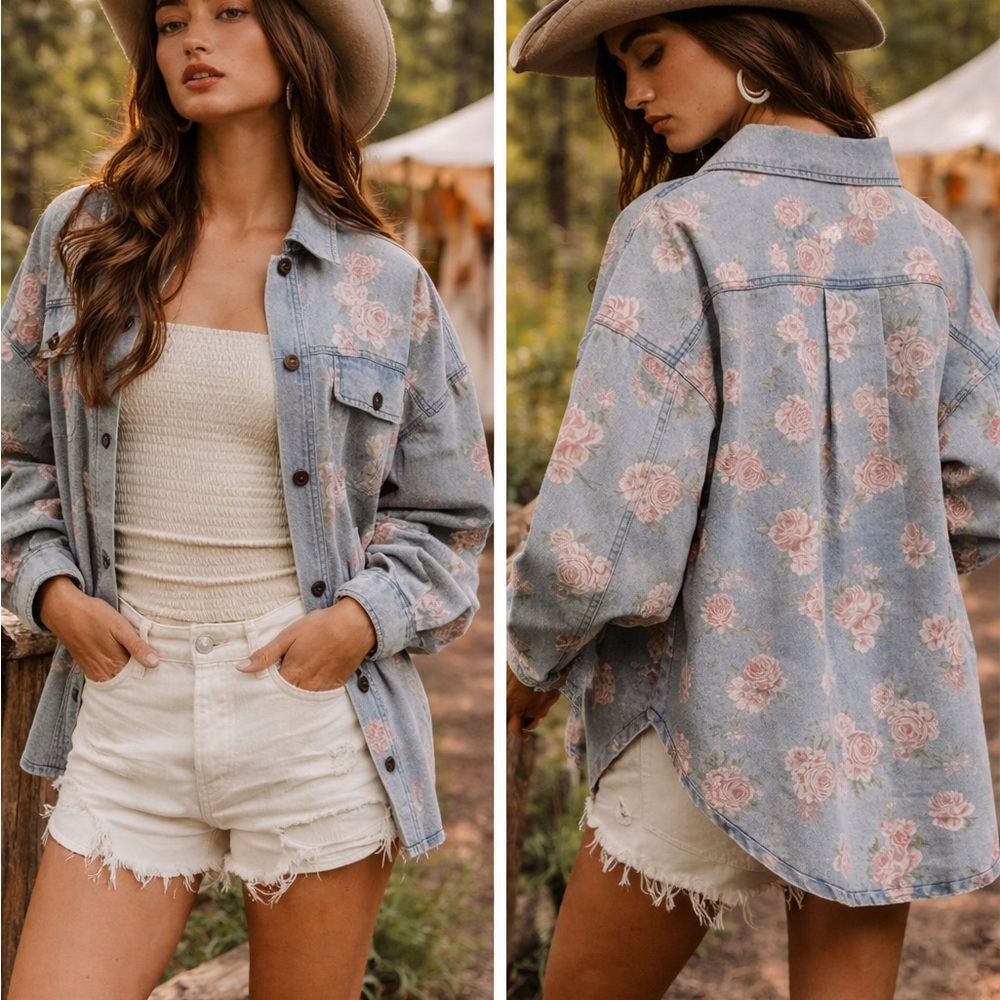 Floral Denim Shacket Light Wash